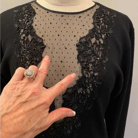 Kenar Black Lambs Wool Deep V Neck Sweater with Beading, & Lace / Womens Size M - Picture 12 of 12
